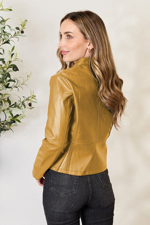 Honey faux leather biker jacket with a stand collar and tailored fit.