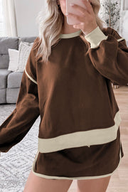 Brown sweatshirt and skort set with contrast trim and crew neck