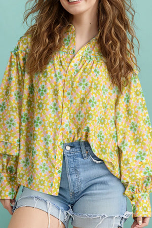 Yellow green floral ruffle yoke button-down blouse with long sleeves