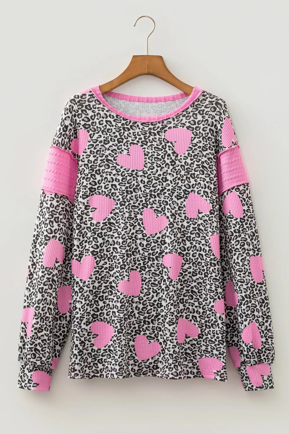 Leopard Heart Print Colorblock Pullover Blouse in Leopard, close-up detail