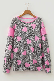 Leopard Heart Print Colorblock Pullover Blouse in Leopard, close-up detail
