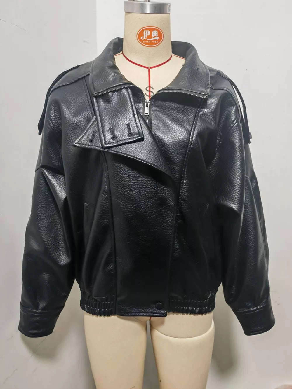 Zip-up Faux Leather Moto Jacket in Brown, fabric detail