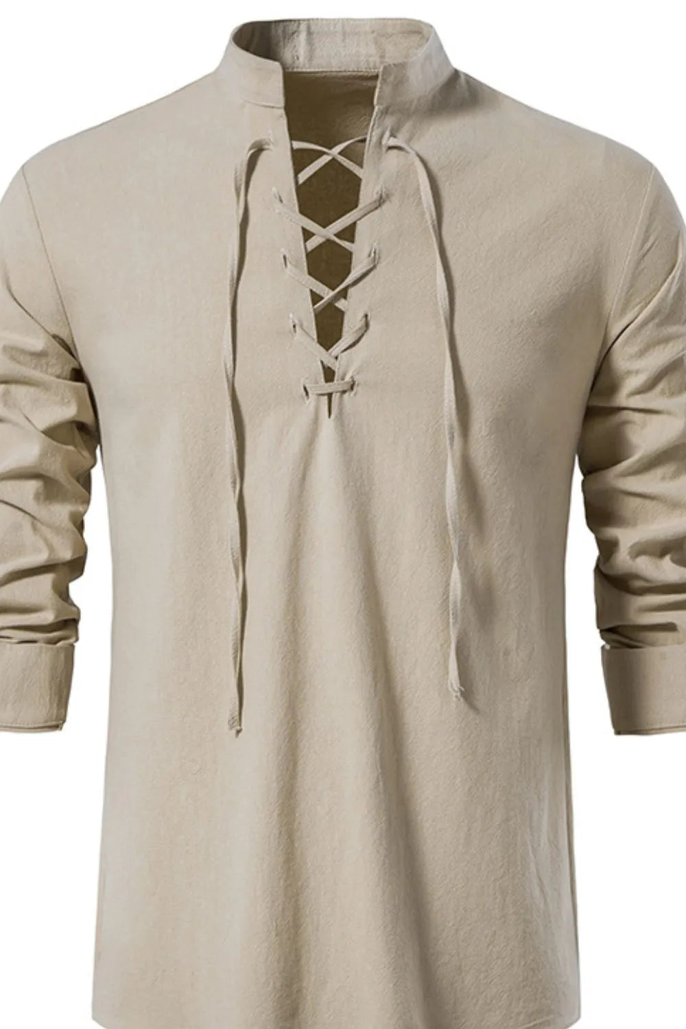 Khaki linen lace-up shirt with mandarin collar and long sleeves.