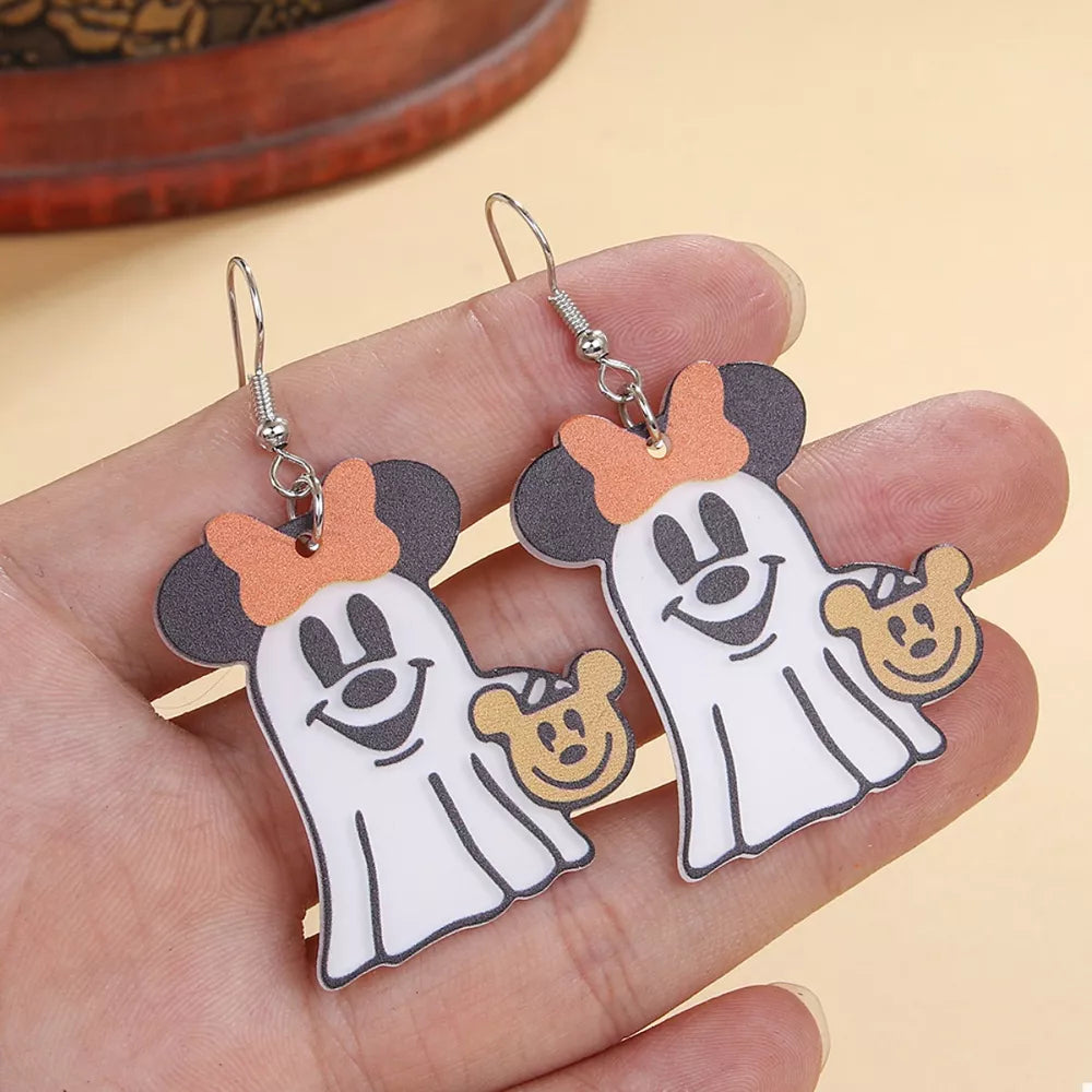 Charming Ghostly Mickey dangle earrings in black acrylic with orange bows and holding teddy bears.
