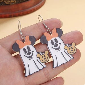 Charming Ghostly Mickey dangle earrings in black acrylic with orange bows and holding teddy bears.