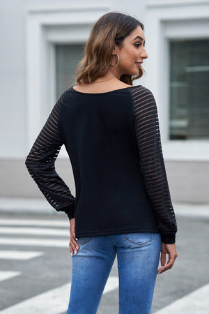 Black sheer stripe raglan sleeve top with scoop neck.