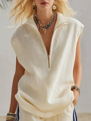 Chic Zip-front Sleeveless Top & Pleated Shorts Set