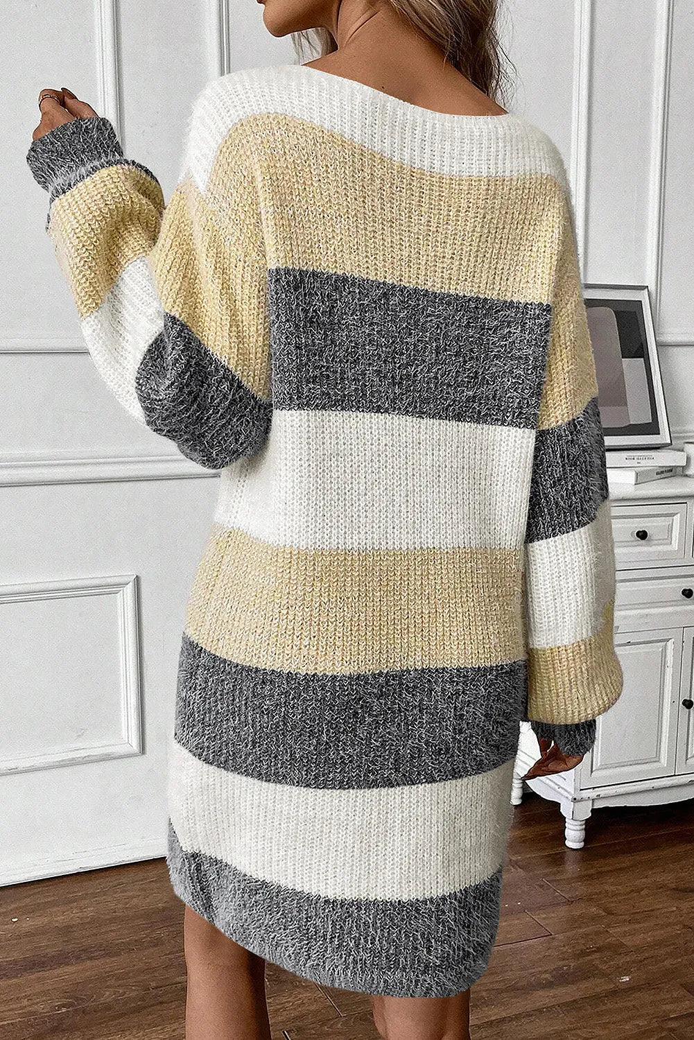 Striped knit mini dress with balloon sleeves and boatneck in yellow, white, and dark gray acrylic.