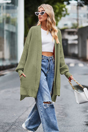 Sage open-knit longline cardigan with side slits and pockets, acrylic.