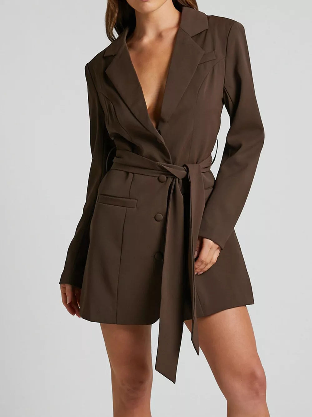 Chic tie-waist coffee blazer dress with button front and notched lapels.