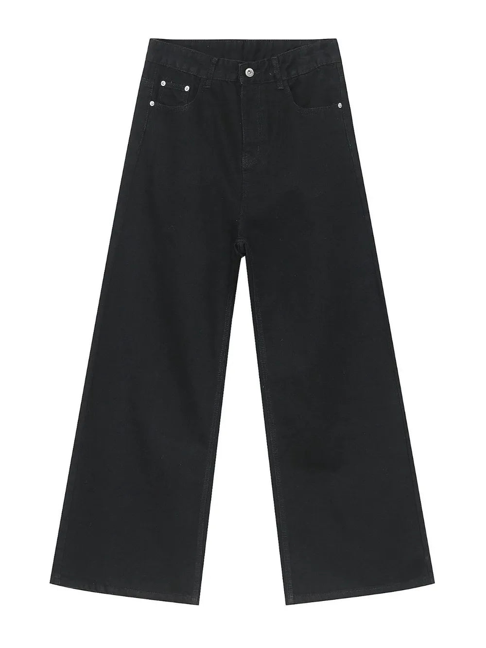 Black denim palazzo trousers with a wide leg and button closure.