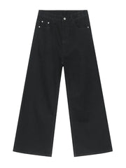 Black denim palazzo trousers with a wide leg and button closure.
