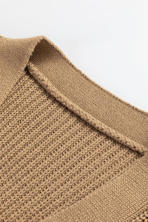 Camel ribbed button-down cardigan vest with a textured knit and detailed neckline.