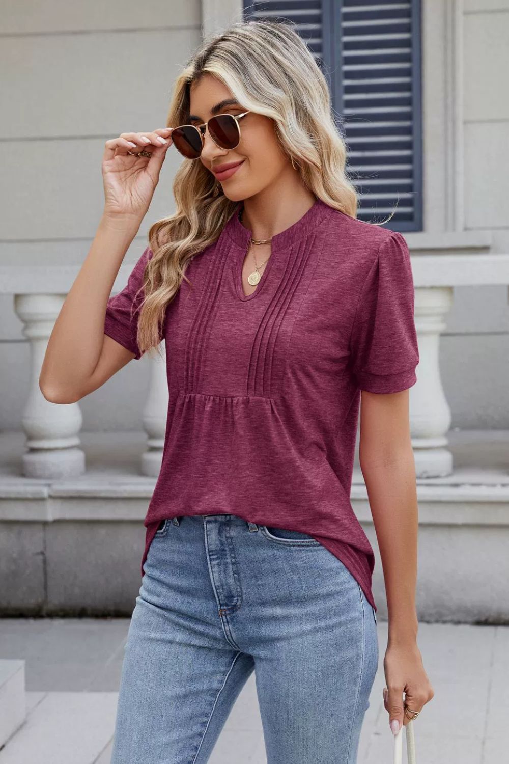 Plum purple pleated yoke keyhole neckline short sleeve blouse