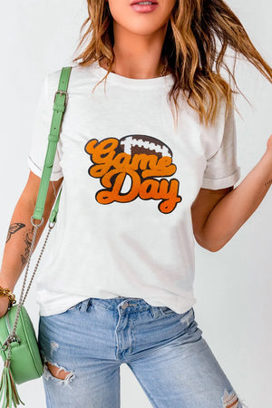 White t-shirt with retro "Game Day" football graphic.