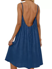 Dark blue backless spaghetti strap dress with tie detail at back