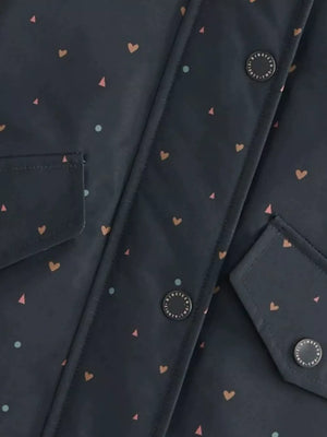 Toddler navy jacket with all-over heart and triangle print, featuring button details and pocket flaps.
