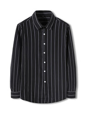 Black striped long sleeve cotton blend button-down shirt with white buttons.