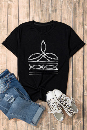 Black crew neck t-shirt with white embroidered graphic detail and rolled sleeves.