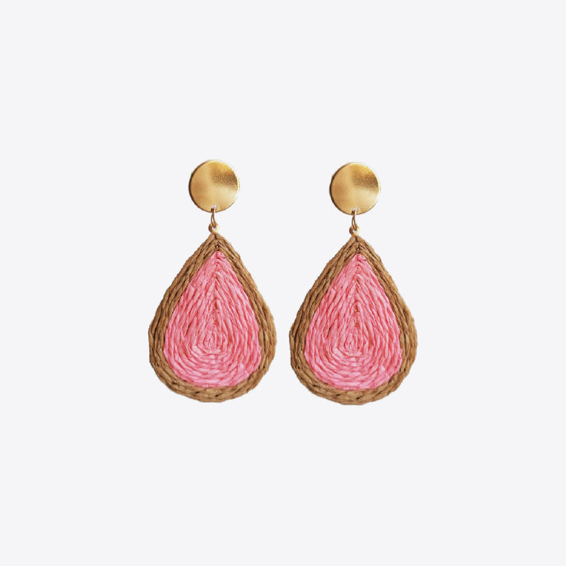 Pink raffia teardrop statement earrings with gold stud and natural raffia trim