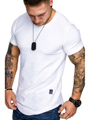 Men's white slim fit round neck t-shirt with textured fabric and black tag detail.