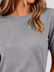 Classic Crew Neck Short Sleeve Knit Top in Dark Brown, back view