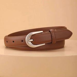 Brown cowhide leather belt with silver buckle and stitched edges