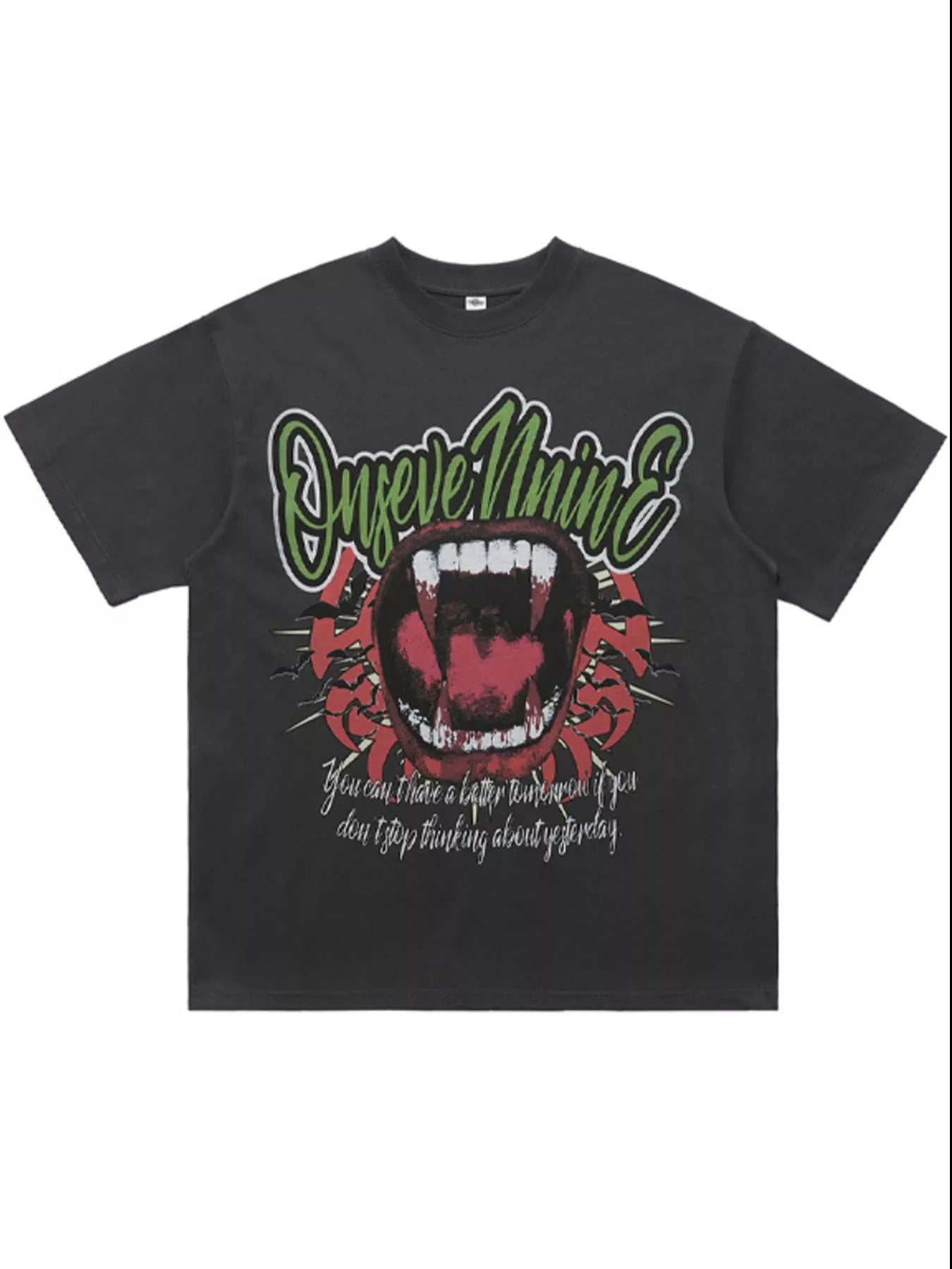 Dark gray 100% cotton oversized t-shirt with a bold graphic of an open mouth with fangs and text.