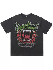 Dark gray 100% cotton oversized t-shirt with a bold graphic of an open mouth with fangs and text.