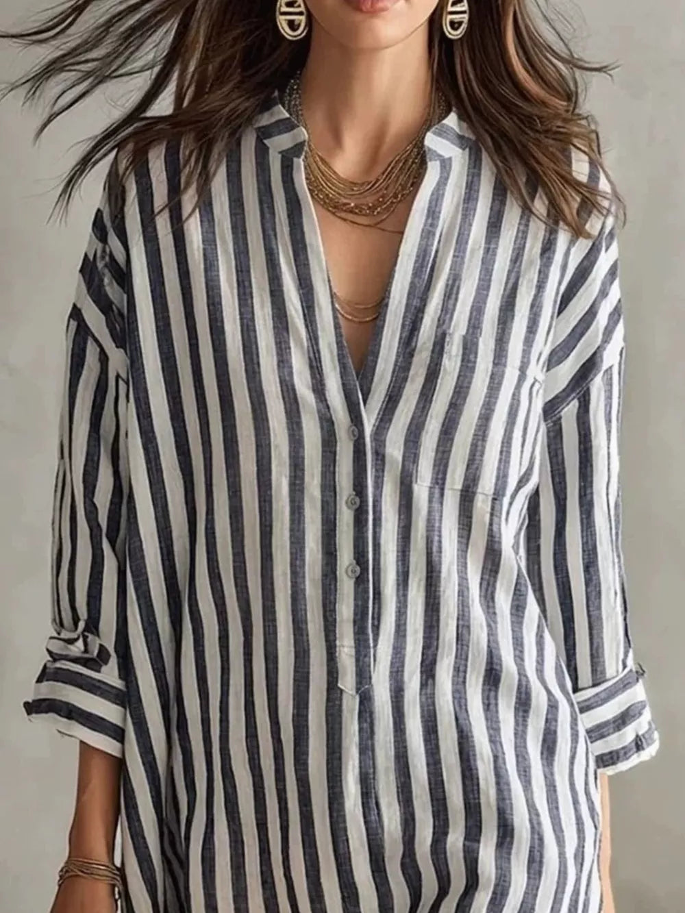 Full Size Striped 3/4 Sleeve Shirt Dress Plus Size in Green, model styling view