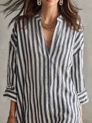 Full Size Striped 3/4 Sleeve Shirt Dress Plus Size in Green, model styling view