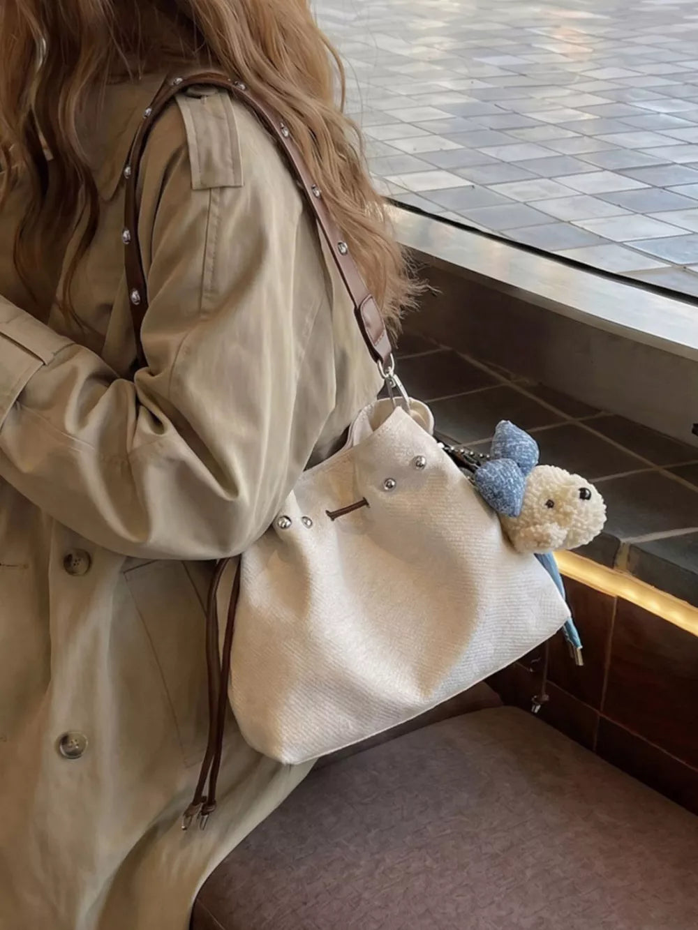 Bucket Crossbody Bag in Blue, editorial view