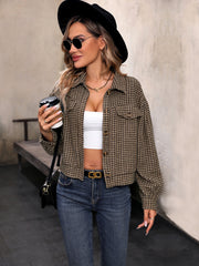Cropped taupe houndstooth shacket with patch pockets and collared neckline.