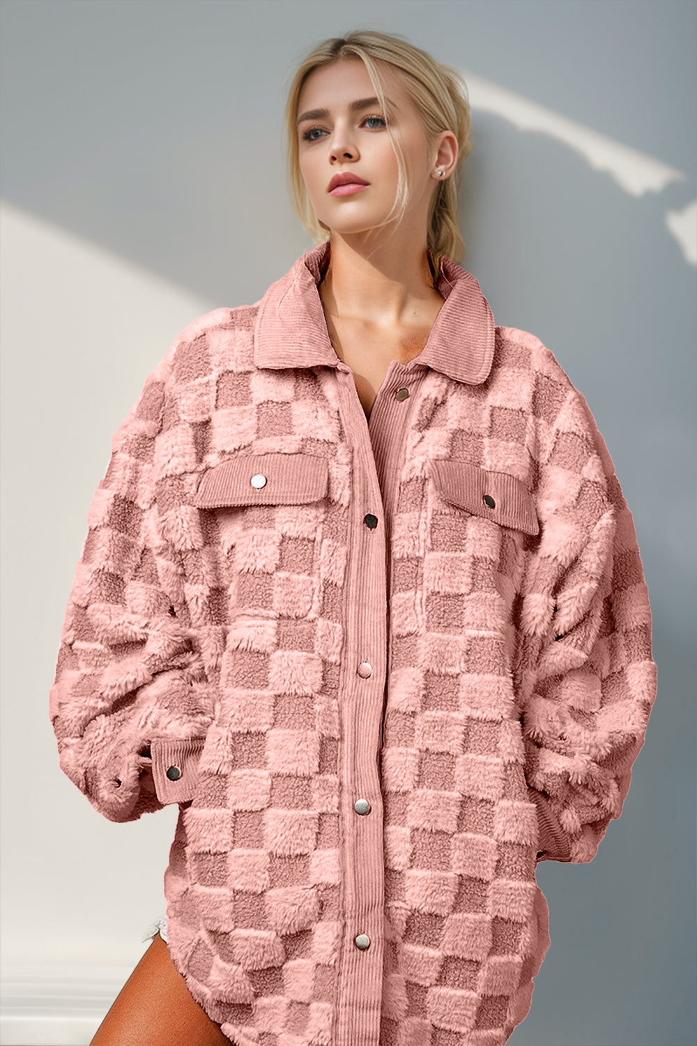 Dusty pink textured checkered shacket with corduroy trim and chest pockets