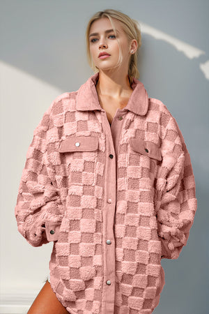 Dusty pink textured checkered shacket with corduroy trim and chest pockets