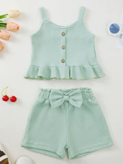 Green waffle knit tank with ruffle hem and bow shorts set for baby girls.