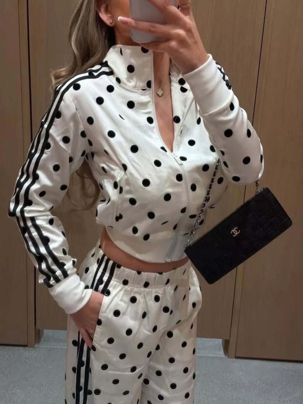 Polka Dot Zip Up Outerwear And Pants Set in Black, close-up detail