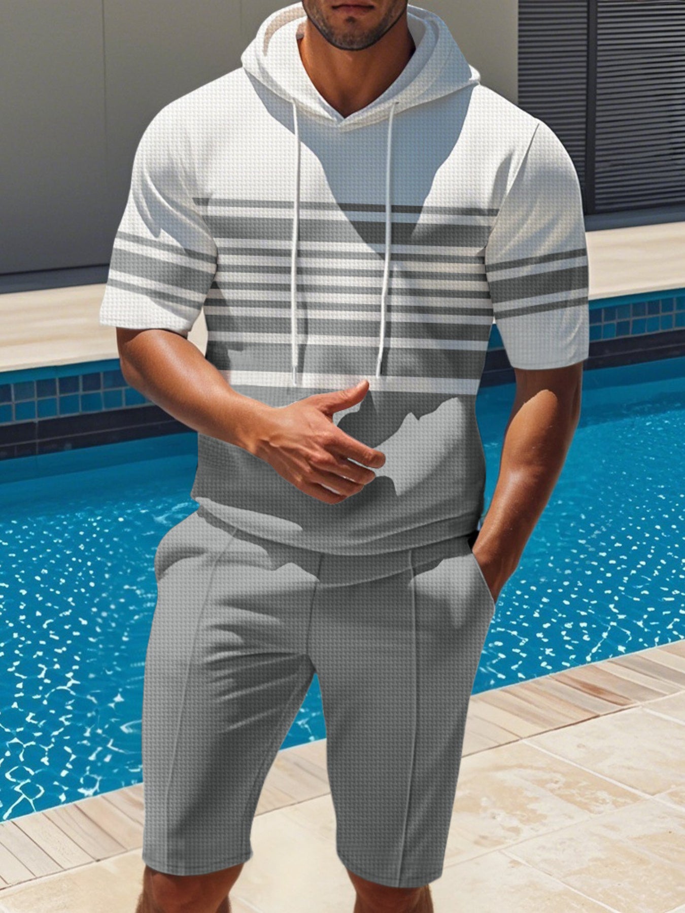 Men's Striped Short Sleeve Hoodie And Shorts Set, close-up detail