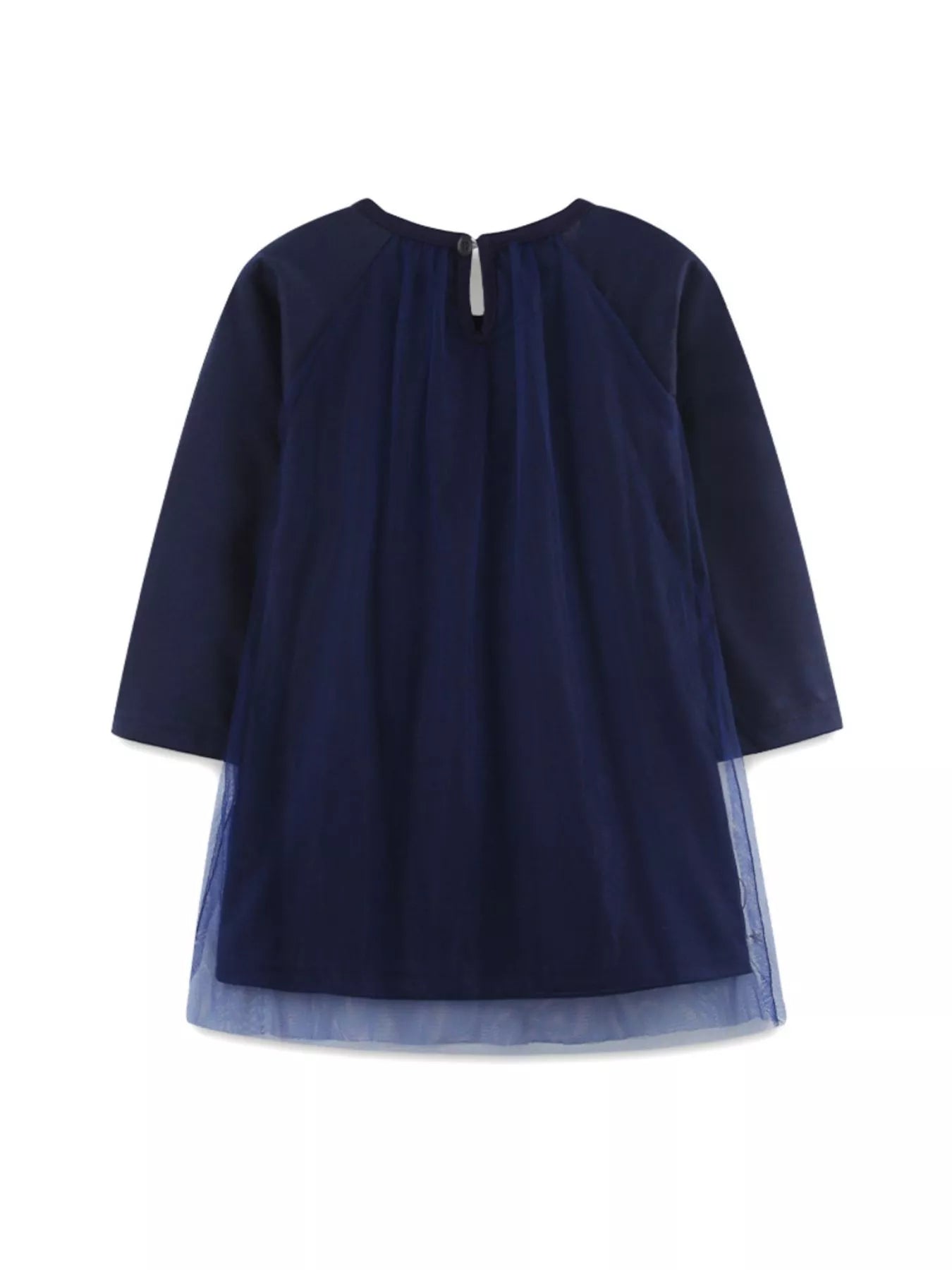 Dark navy baby dress with long sleeves and a layered tulle skirt.