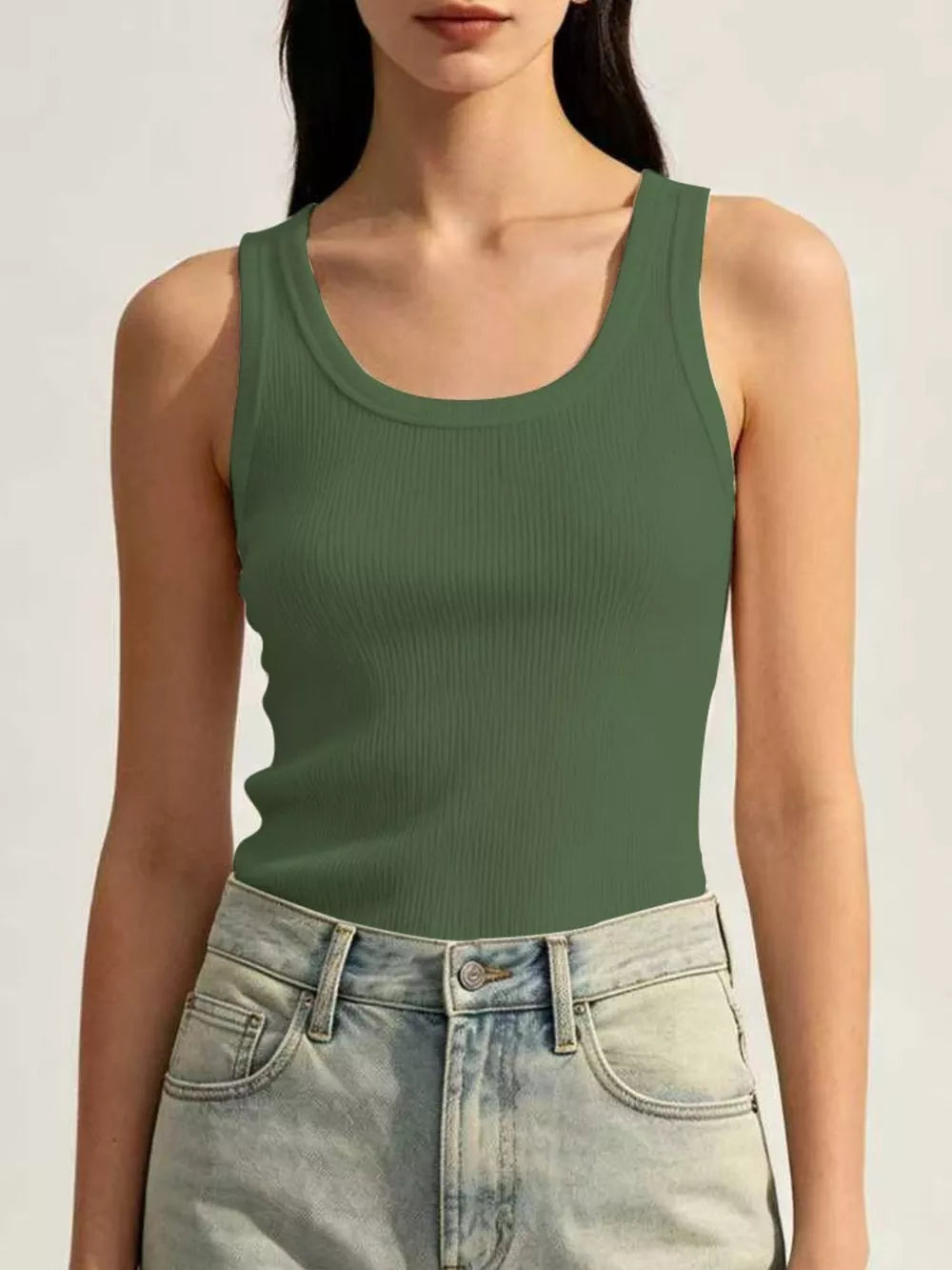 Ribbed Knit U-neck Tank in White, alternate angle