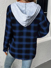 Plaid shirt jacket with contrast grey hood and long sleeves.