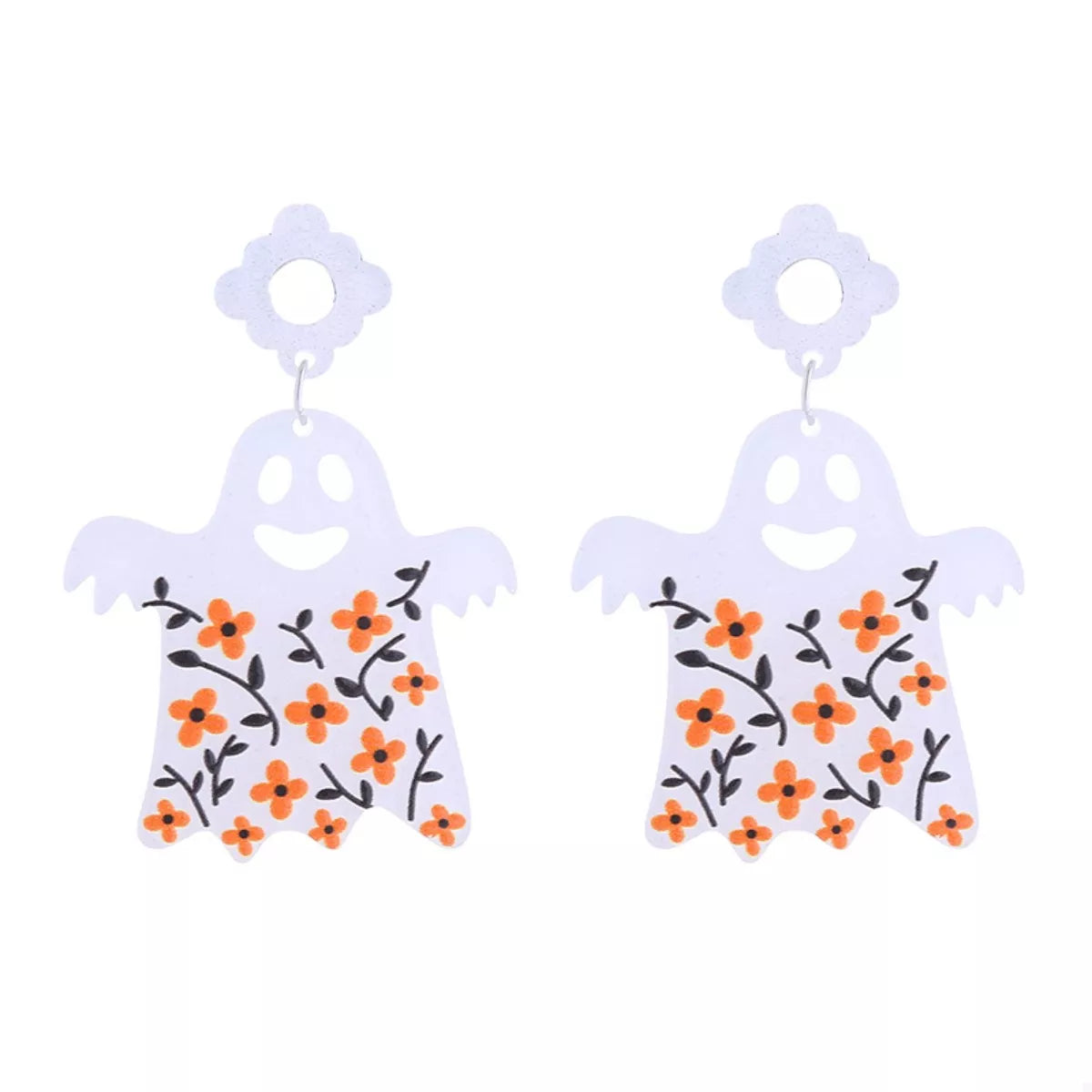 White acrylic ghost dangle earrings with orange floral pattern