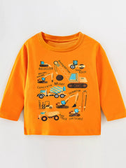Orange cotton t-shirt with construction vehicles print for kids
