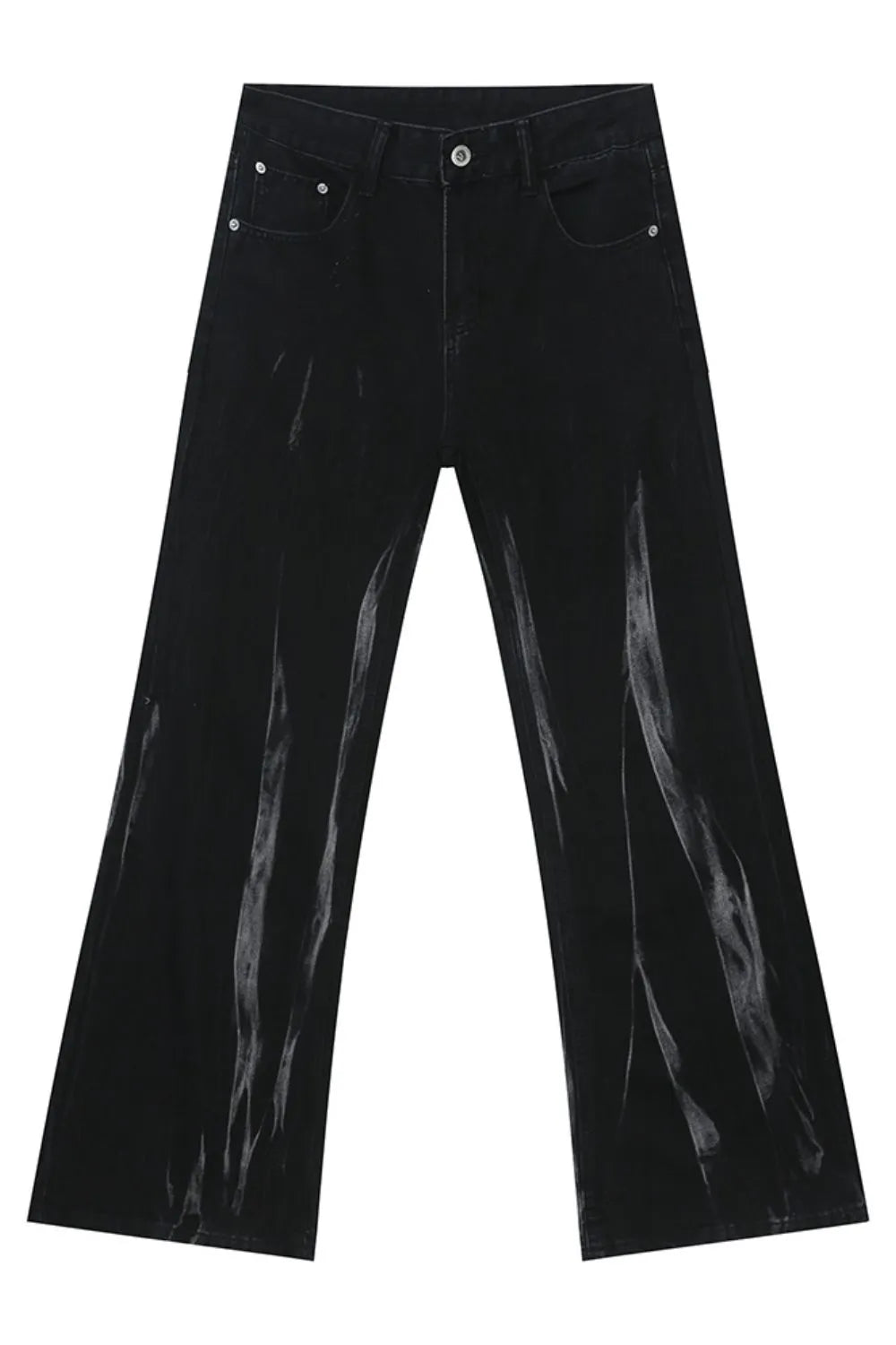 Faded flare denim jeans in dark wash with vertical distressed detailing.