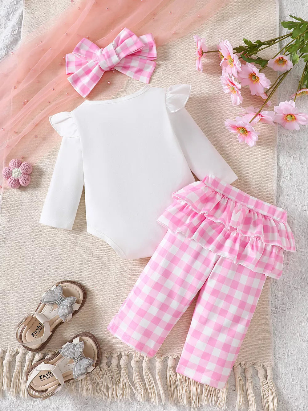 Children's Ruffled Bow Bodysuit And Pants Set in Pink, view 11
