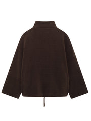 Brown sherpa stand-collar jacket with drawstring hem