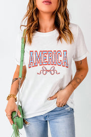 White graphic tee with Americana text and bow detail