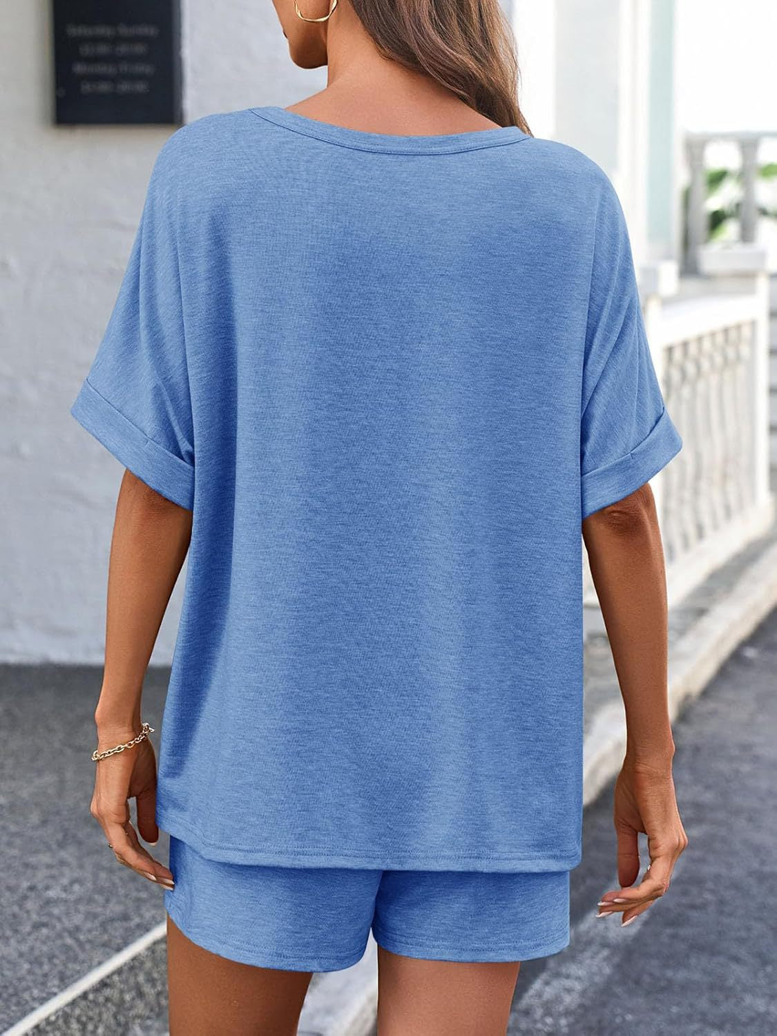 Blue relaxed fit tee with cuffed sleeves and matching shorts, a casual loungewear set.