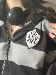 Striped Zip-up Hoodie in Black, close-up detail
