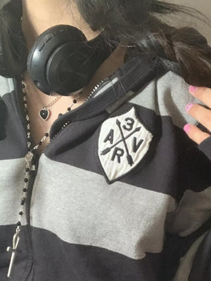 Striped Zip-up Hoodie in Black, close-up detail
